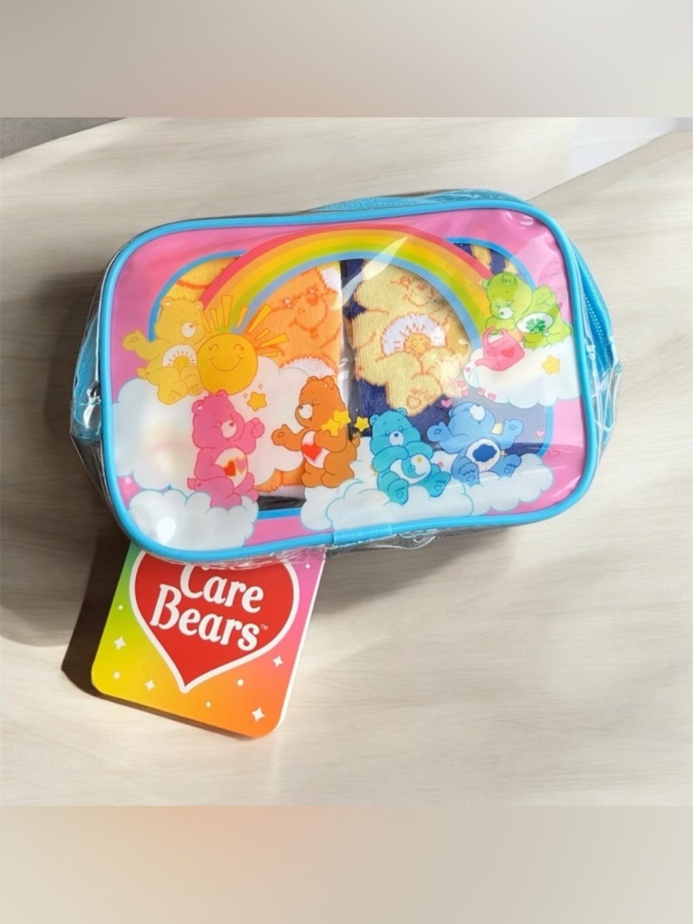 NEW Ladies 2 Pack Care Bears Crew Socks and Colorful Bag Gift Set Shoe Size 5-10